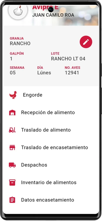 Pantalla de la app móvil AVIPRE: menú de Engorde